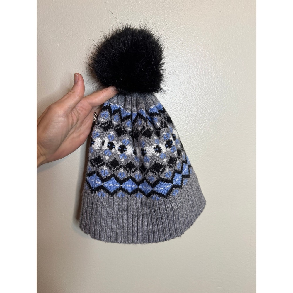 Vera Bradley Fair Isle Knit Beanie Hat Grey Blue Faux Fur Pom Fleece Lined Women